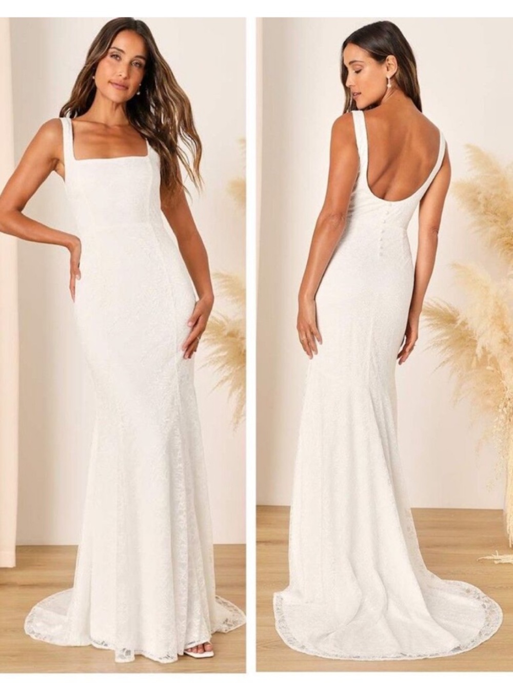 NWT Lulu's White Square Neck Lace Wedding Gown
